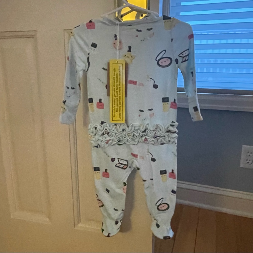 NWT Angel Dear Bamboo Ruffle Light Blue Make-Up Print Footie Pajama - Picture 5 of 10